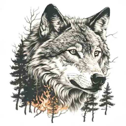 Wolf In Front Of Woods On Fire