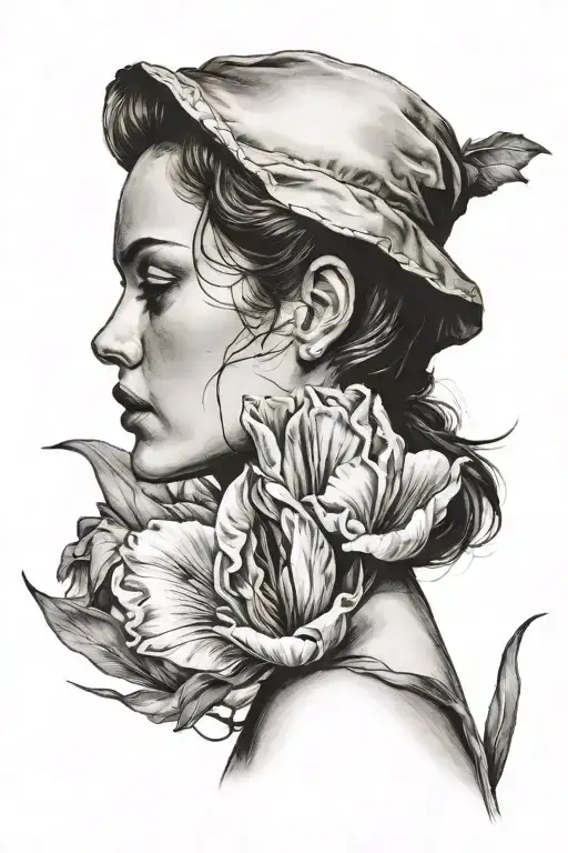 Girl Side Profile With Tulip Flower In The Back And Beach