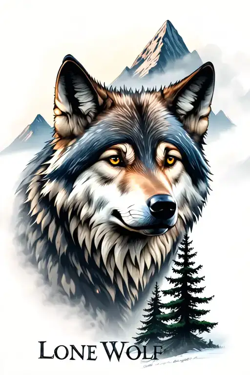 Wolf And Mountains And Trees With Writing Lone Wolf Underneath With A Smokey Background