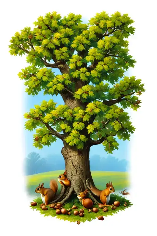 Memorial Oak Tree With Acorns And Squirrels