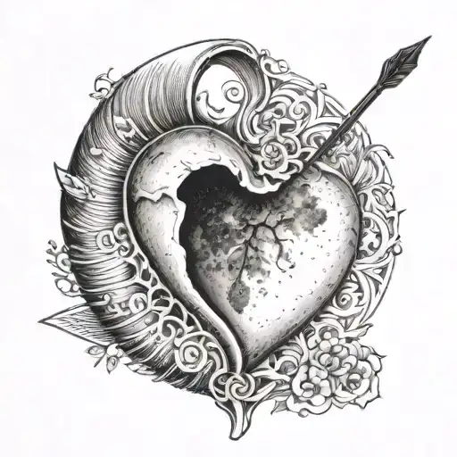 Half Moon In The Shape Of A Heart With A Pencil As An Arrow Stuck In It