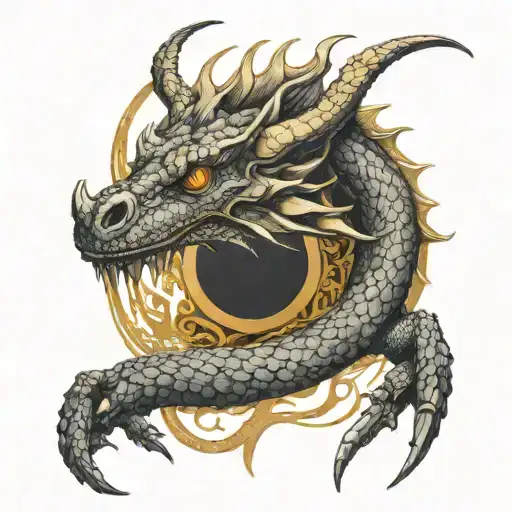 Ouroboros Dragon Loop With A Shiny Golden Brain Inside His Head And Shadows