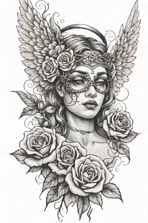 A Girl Angel With A Blindfold And Roses Around Her Eyes