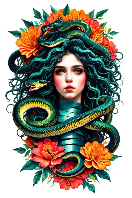Medusa With Snakes Wrapping Around A Scorpio With Flowers