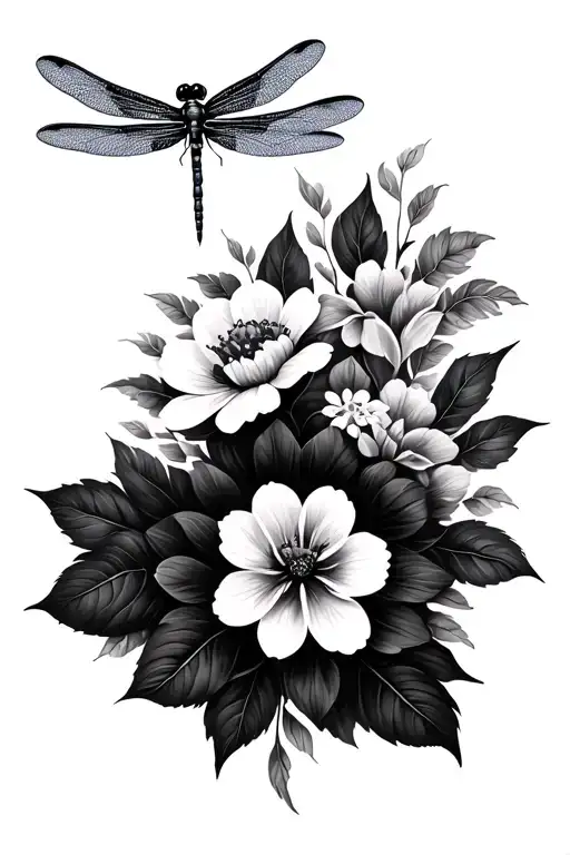 Dragonfly With Black And White Flowers With Mandala