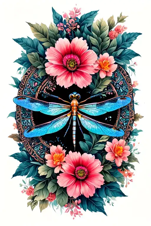 Dragonfly With Flowers And Mandalas