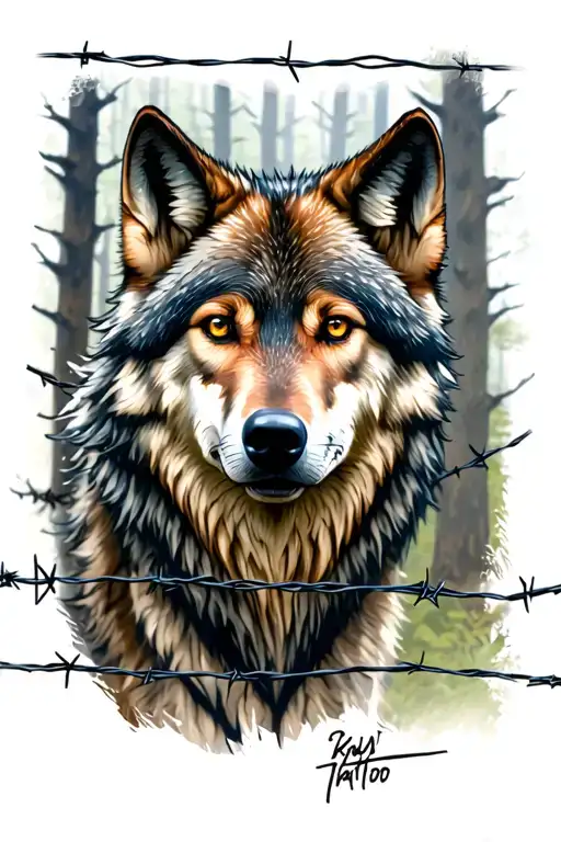 A Wolf In A Forest Surrounded With Barbed Wires