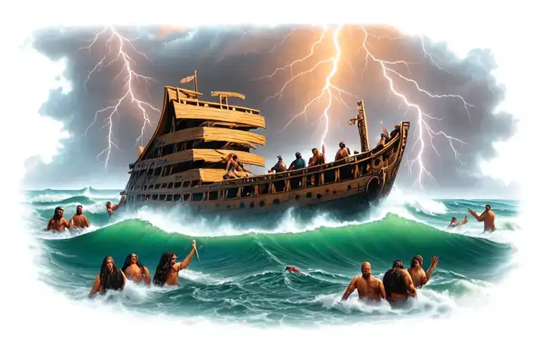 Front View Of Noah's Ark With Lightning In The Sky And People Drowning In The Ocean During A Storm