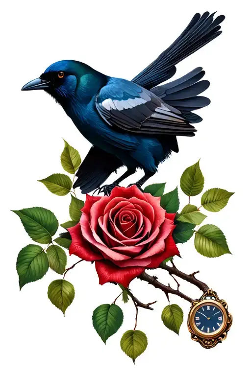 A Rose A Chronological Watch An Eye And A Crow Posed In A Tree