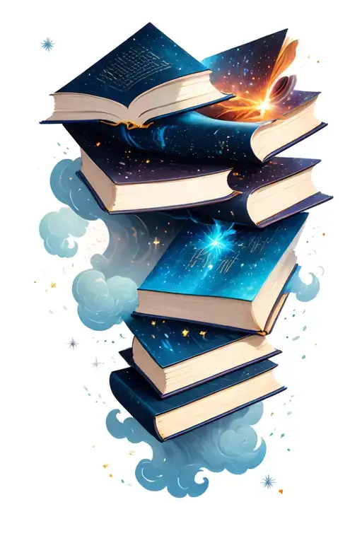 Three Big Story Books Floating Spaced Out Gracefully With Clouds And Sparkles Connecting All Three