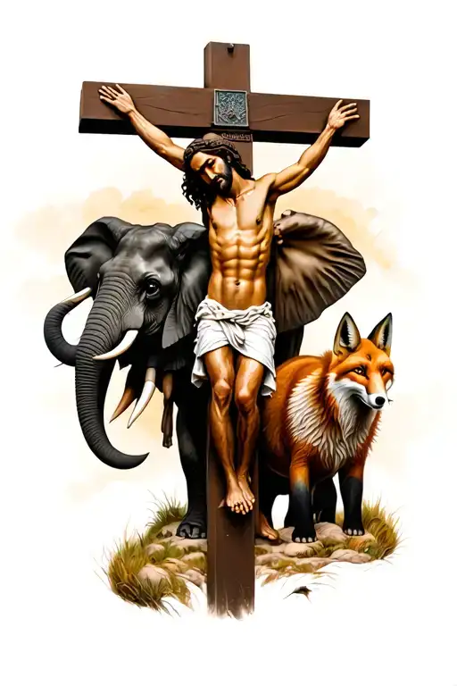 Jesus Crucifixion Scene With Fox And Elephant Surrounded