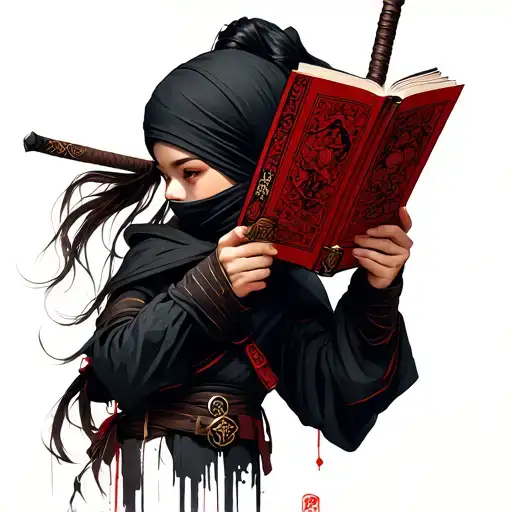 Girl Ninja Holding Sais Head Profile Holding A Book Open