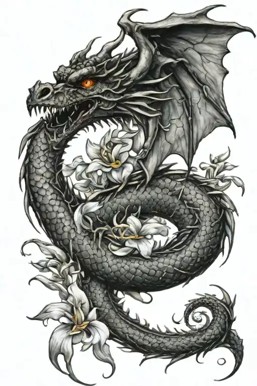 Older Dragon With Iris Flowers
