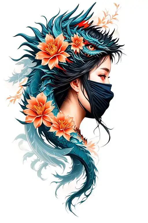 Side View Of Ninja Women With Dragon And Flowers