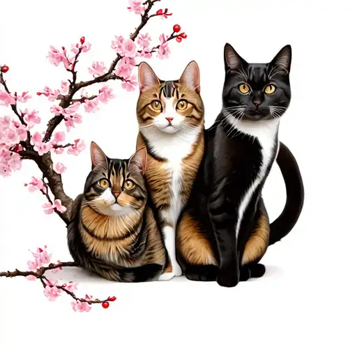 Three Cats With Cherry Blossom Tree