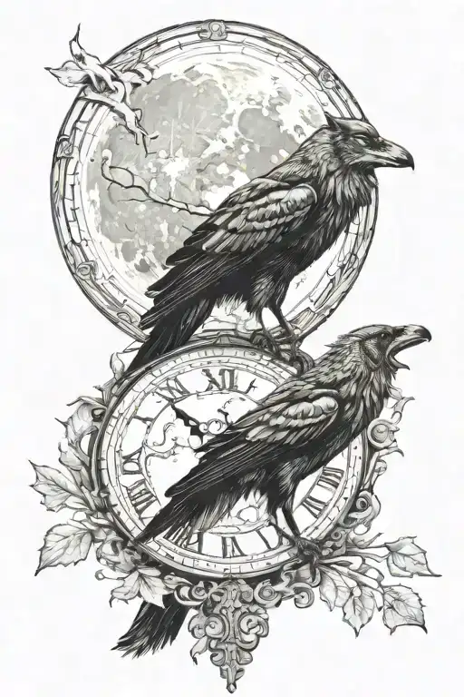 Clock Wolf Crow And A Full Moon