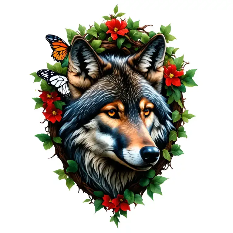 Lupus Ribbon Wrapped In Vines With Wolf And Butterfly For Entire Shoulder