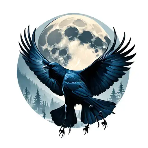 Crow Flying Across The Forest And It Is Full Moon