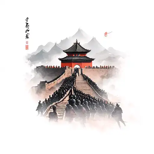 The Great Wall Of China With Terracotta Soldiers Fading Into A Samurai