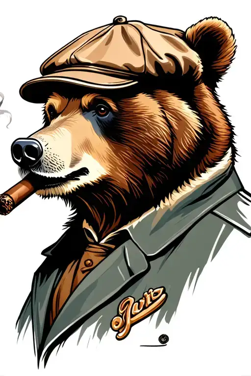 Calm Bear Wearing Flat Cap And Smoking Cigar