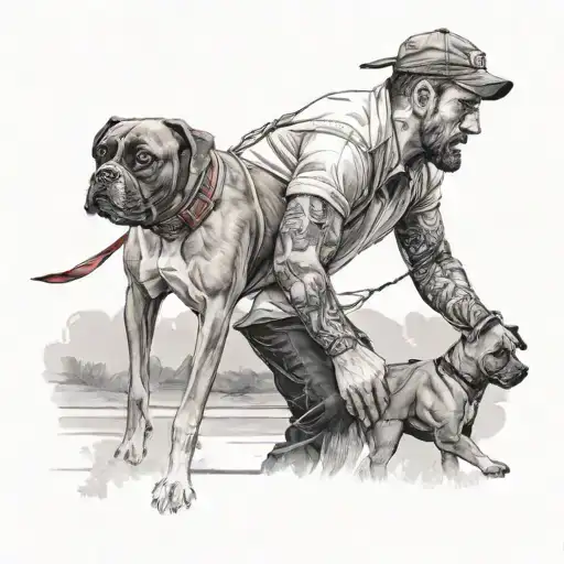 Sporty Dressed Man Walking Side By Side With His Boxer Dog From Behind