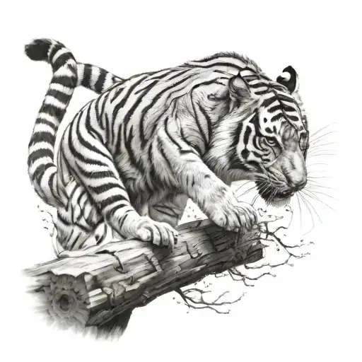 Tiger Jumping On A Piece Of Wood