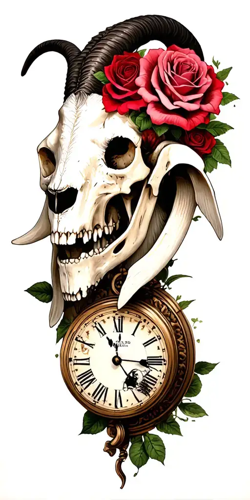 Goat Skull Half Ghoast And Roses And Clock
