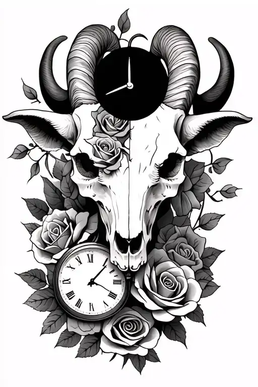 Goat Skull Half Ghoast And Roses And Clock All Black