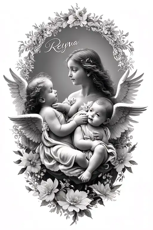 Cursive Name Reyna With Baby Angels Around