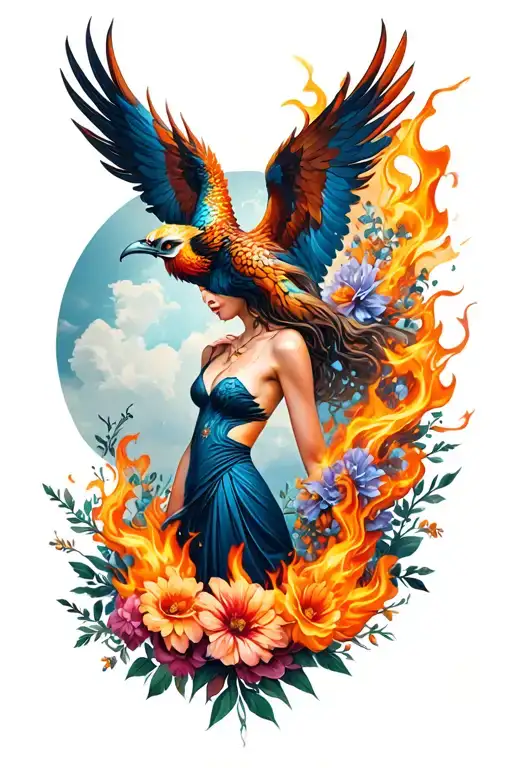 Woman On The Side That Comes Out Of The Chest And Fire Comes Out A Phoenix Surrounded By Flowers