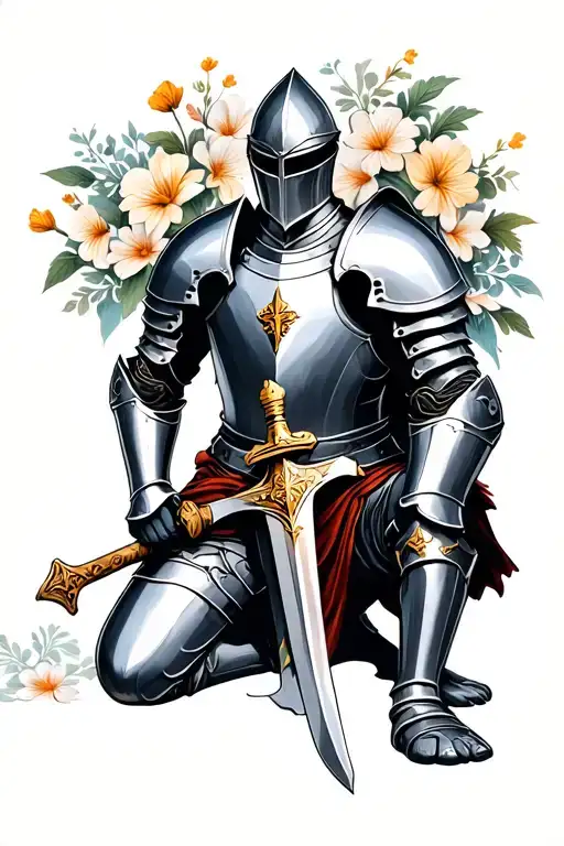 Knight Wearing Armor Of God Kneeling With Sword With Flowers In Background