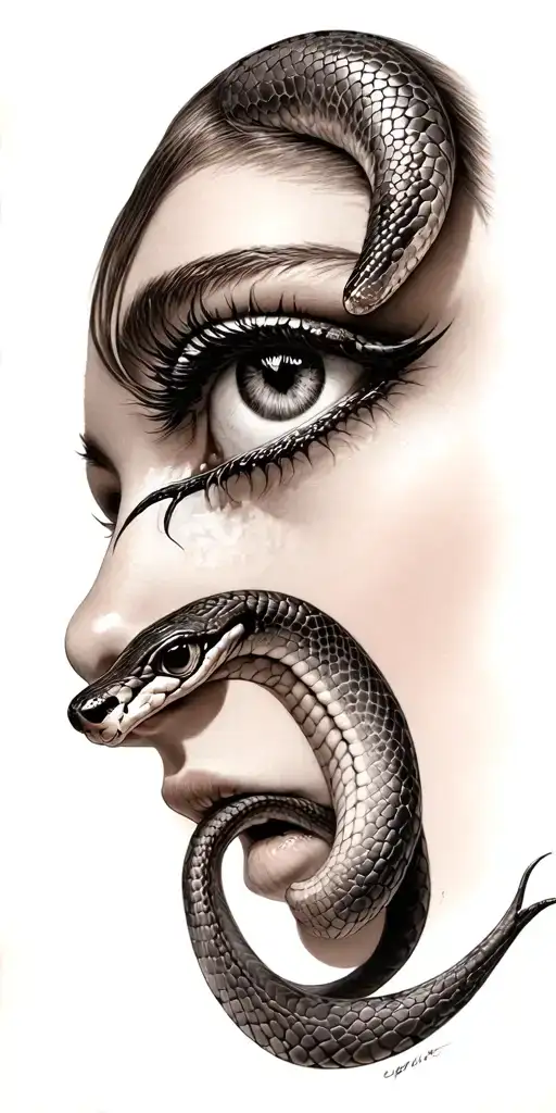 Womens Face With A Snake Coming Ou Of Her Eye