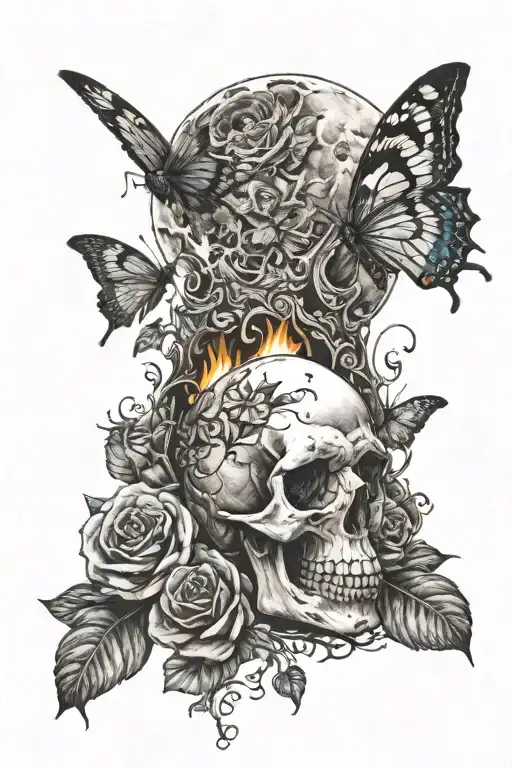 Skull And Butterfly On Fire In The Moon Light