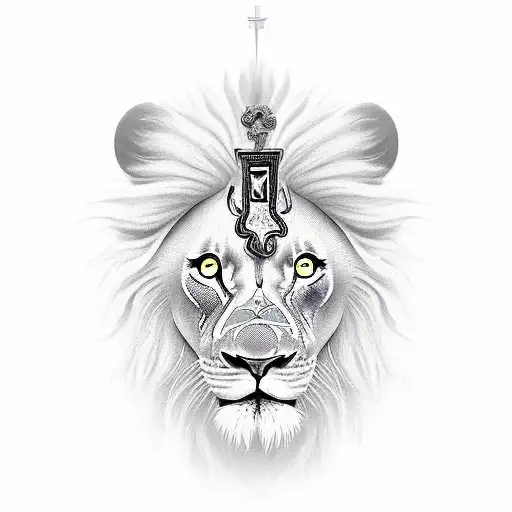 Lion Head With Mad Face With Gospel Cross Behind It