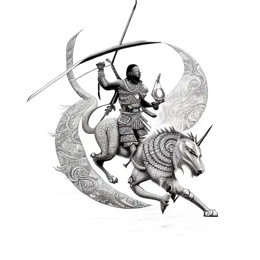 A Sketch-style Design Featuring A Masai Warrior Riding A Mythical Creature From Chinese Mythology