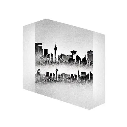 Create A Realistic Black And Gray Tattoo Of The Las Vegas Skyline Merged With Sheet Metal Textures