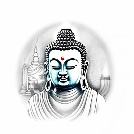 Buddha Crying With A Temple Behind Him