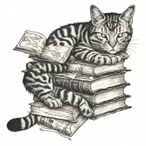 Stack Of Books With A Map And Sleeping Cat Sitting