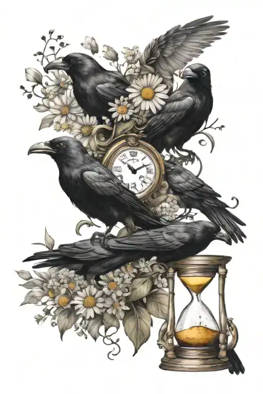 Crows Carrying Hourglass And Daisy Bouquet
