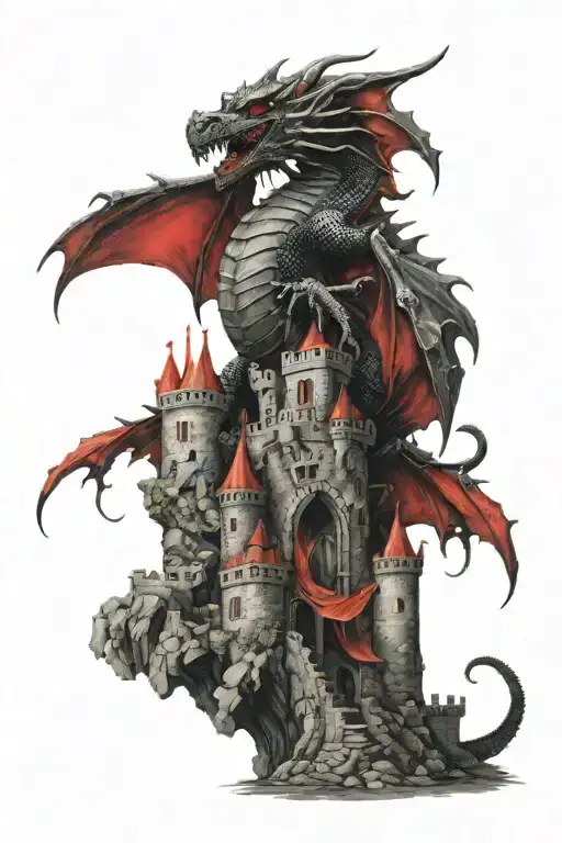 Red And Black Dragon On A Castle Surrounded