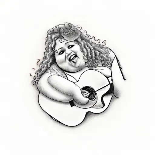 Fat Girl With Curly Hair And Guitar Between Legs