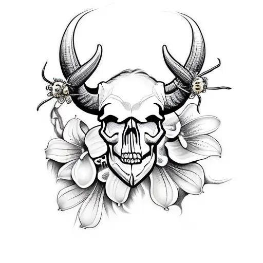 The Skull Of A Buffalo With A Spider And Some Lily Of The Valley Flowers