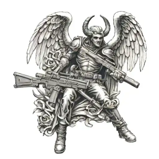 Arch Angel Michael With Rifle To Satans Head Tattoo Holding