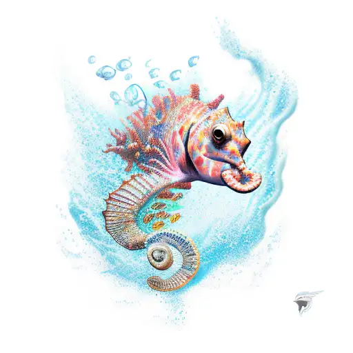 A Realistic Sea Horse Surrounded By Vibrant Tropical Fish In An Underwater Scene