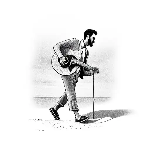 Side Profile Of Man Walking With Guitar On A Beach