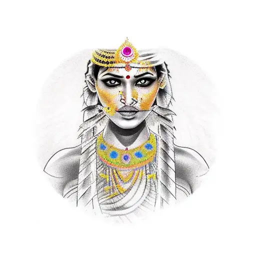 Tattoo Of An Image That Is Half Of An Indian Woman's Face And The Other Half Is A Bow And Arrow