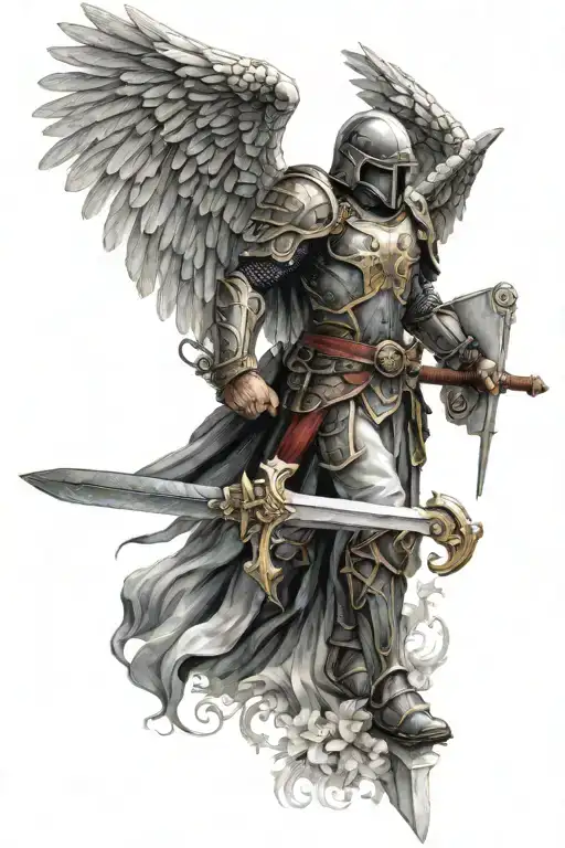 Veteran Arch Angel With Sword With Helmet Adorned With Intricate