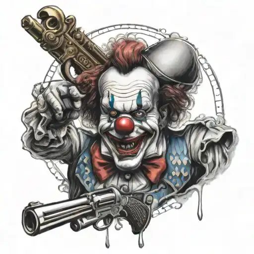 Clown With Gun Money And A Circus Behind The Clown