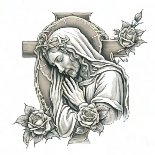 Mary Crying With Jesus Cross And Rose Surrounded