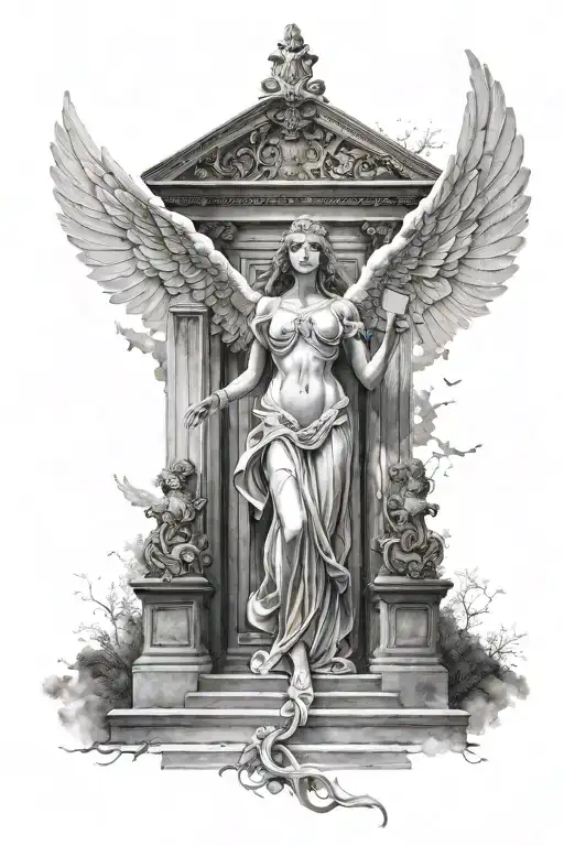 Angelic Woman Standing In Front Of The Gates Of Heaven